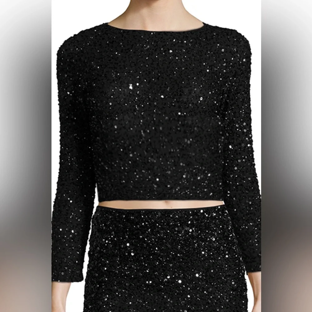 Alice + Olivia Lacey Embellished Bracelet-Sleeve Crop Top Black Size 8 - Picture 4 of 16